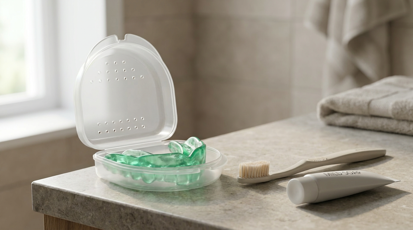 A green translucent mouthguard rests in an open, clear plastic case next to a toothbrush and a white tube of mild soap on a bathroom counter with a towel in the background.