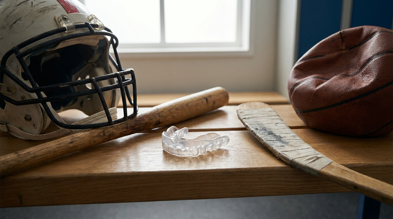 A football helmet, baseball bat, hockey stick, deflated basketball, and a clear mouthguard are on a wooden bench in front of a window.
