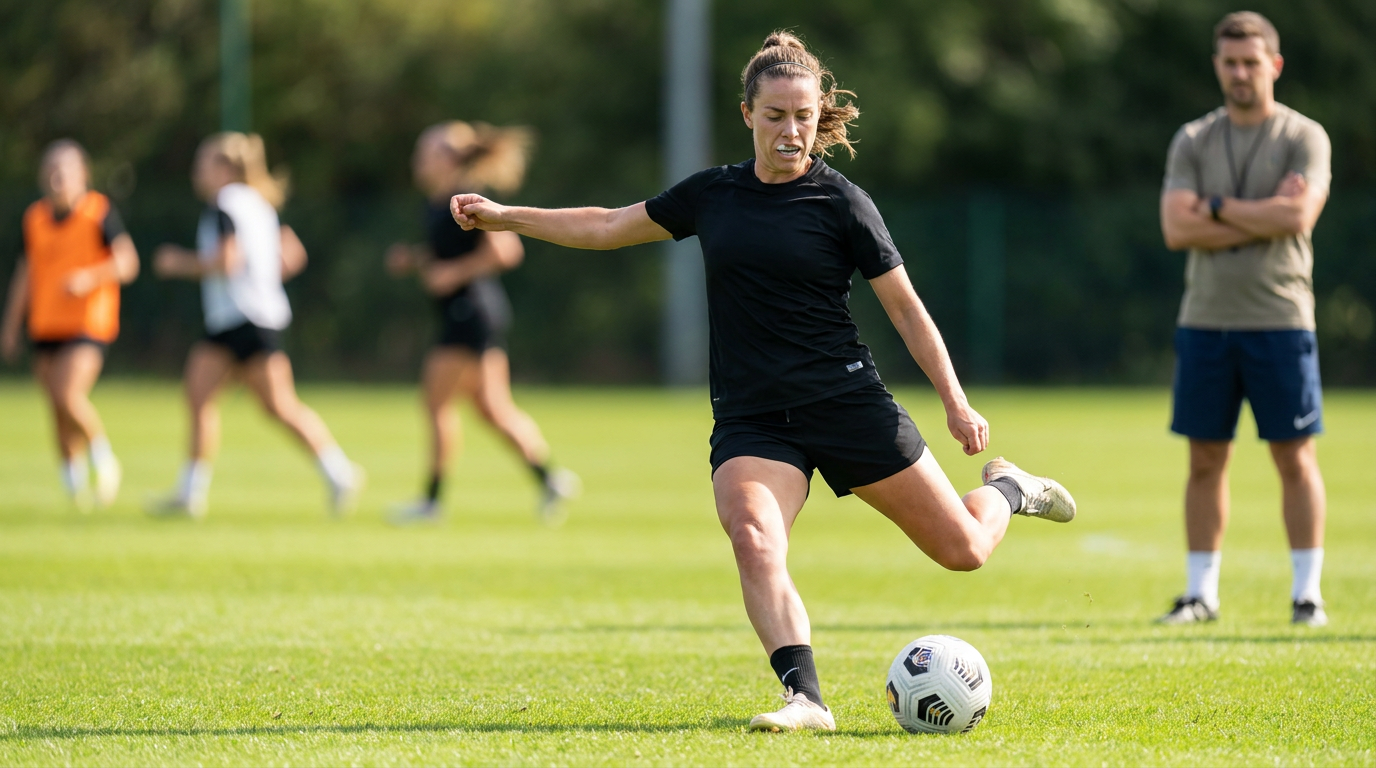 Chloe, wearing a black shirt and shorts, kicks a soccer ball on a green field with other players and a man in the background.