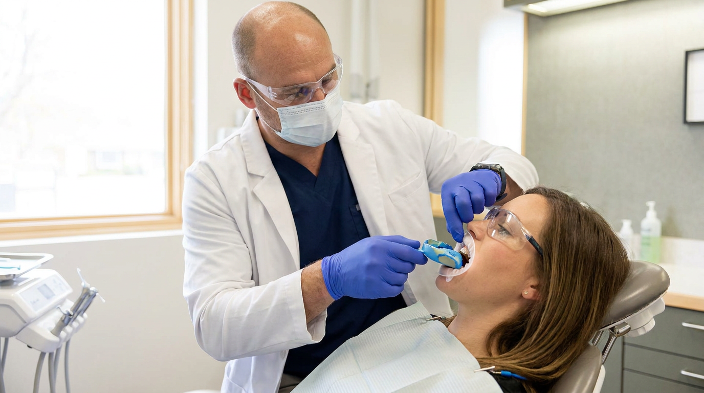 Dr. Cory Fortson, wearing a white lab coat, blue scrubs, safety glasses, and a surgical mask, takes an impression of a patient's upper teeth with a blue dental tray.