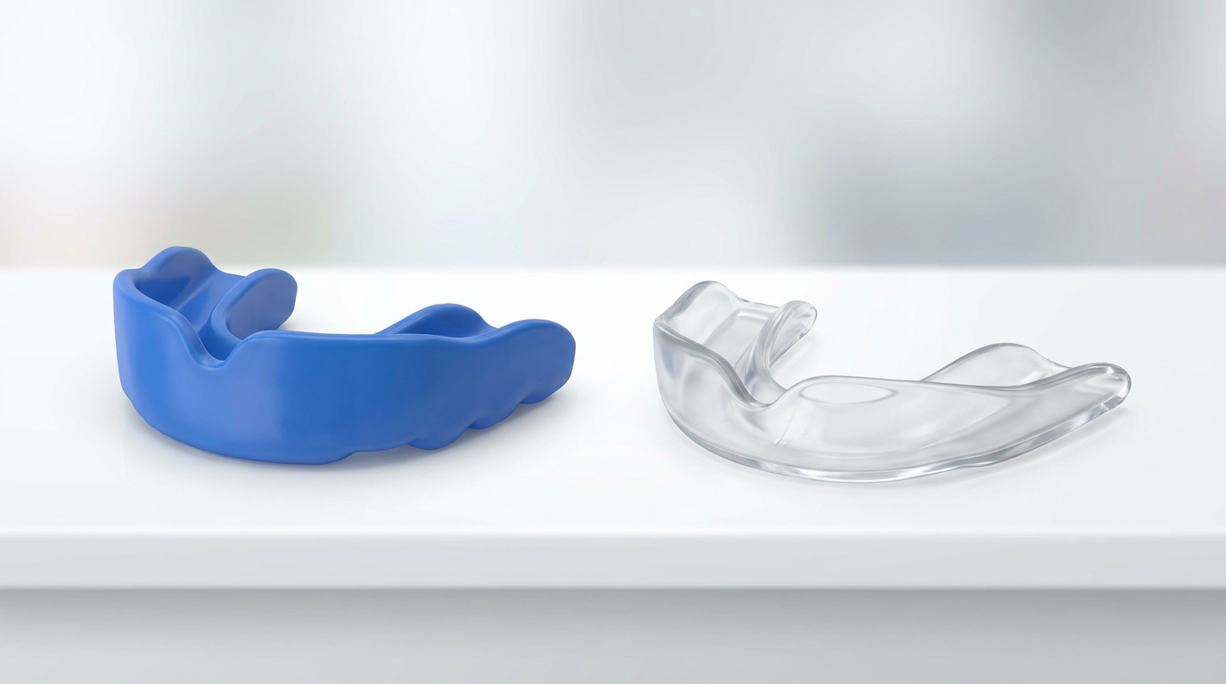 A blue mouthguard and a clear mouthguard rest on a white surface with a blurred background.