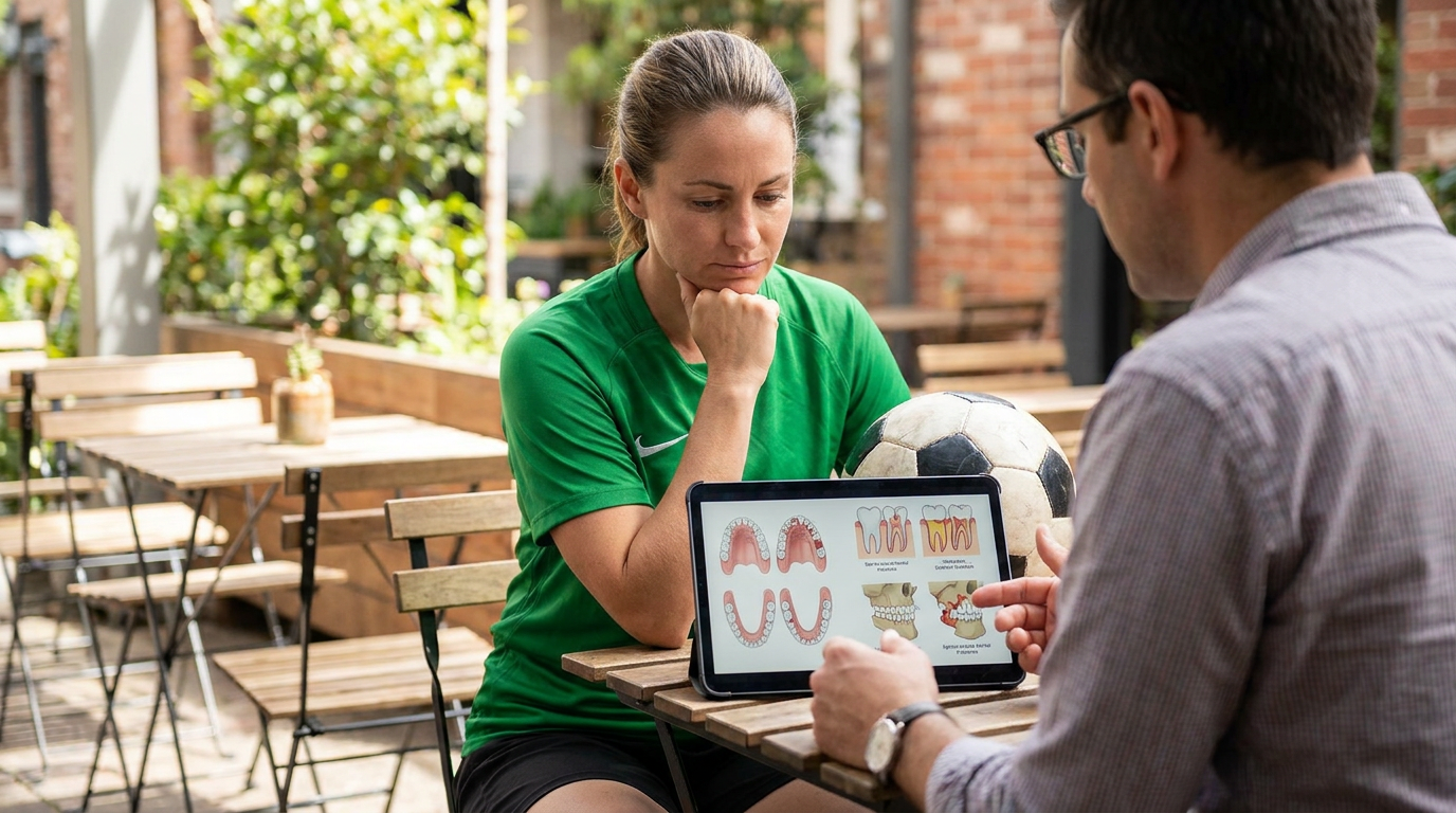 A woman in a green shirt looks at a tablet displaying dental diagrams, while a man in a collared shirt gestures toward the screen, with a soccer ball and outdoor cafe tables nearby.