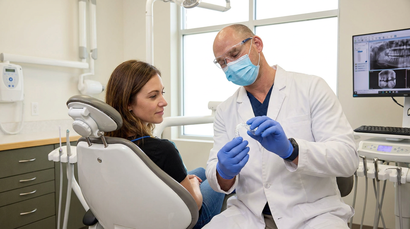 Dr. Cory Fortson, wearing a white lab coat, blue scrubs, a face mask, and safety glasses, holds a clear mouthguard while speaking to a woman seated in a dental chair.