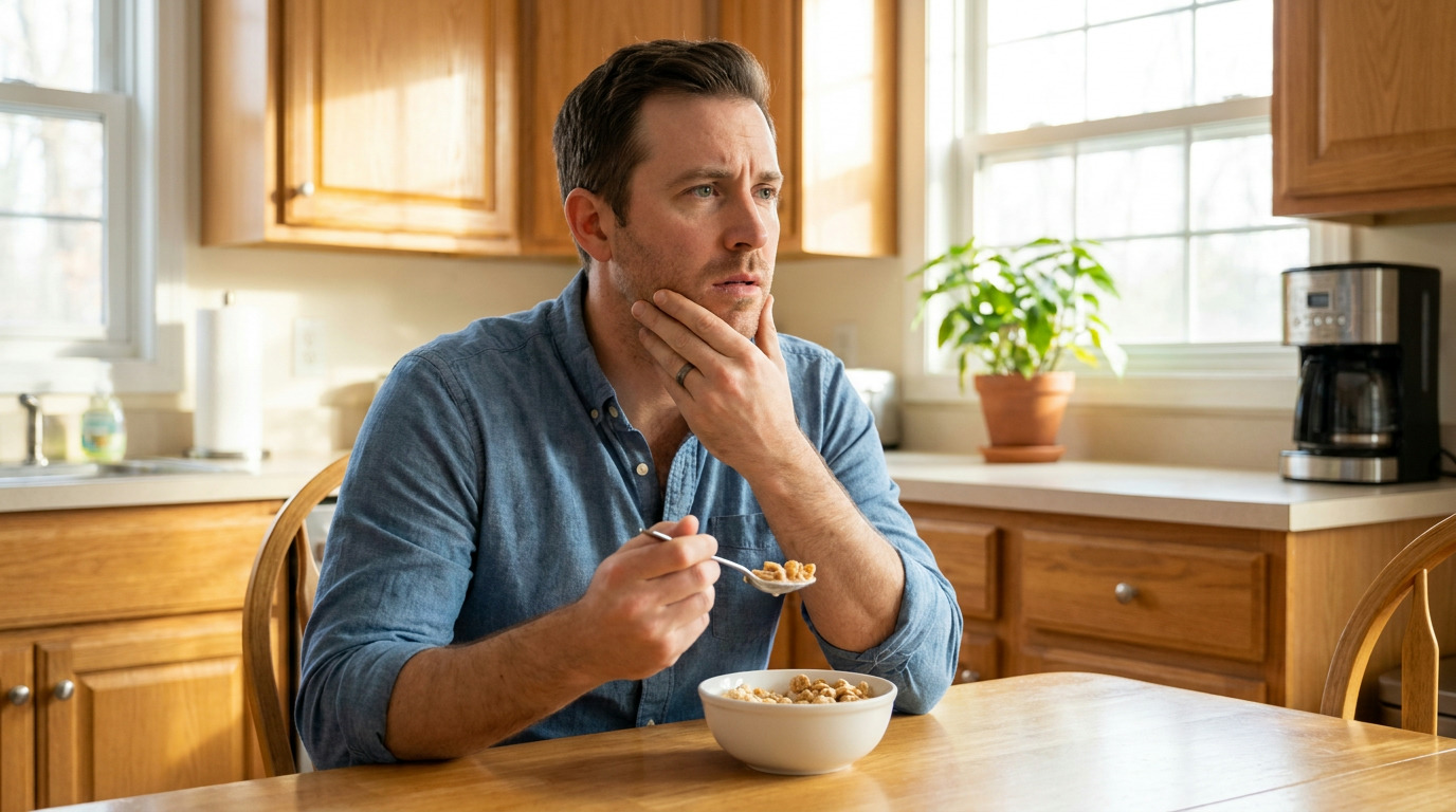 Justin sits at a kitchen table, holding a spoon with cereal over a bowl, while his other hand touches his jaw with a concerned expression.