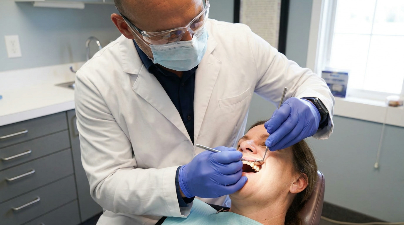 A dentist wearing safety glasses, a mask, and a white lab coat examines a patient's open mouth with a dental mirror and explorer tool in a dental office.