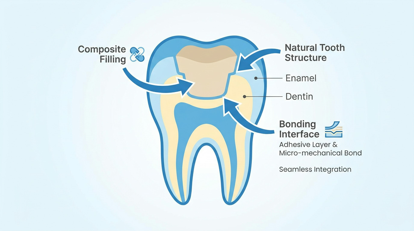 A diagram shows a cross-section of a tooth with a composite filling, labeled with arrows pointing to the natural tooth structure, enamel, dentin, and bonding interface, indicating seamless integration.