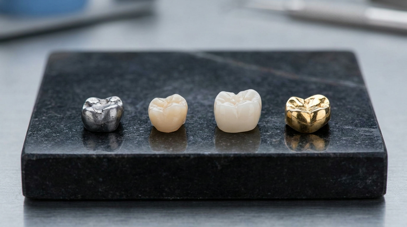 Four different dental crowns are displayed side-by-side on a dark, polished surface: one silver-colored, two off-white, and one gold-colored.