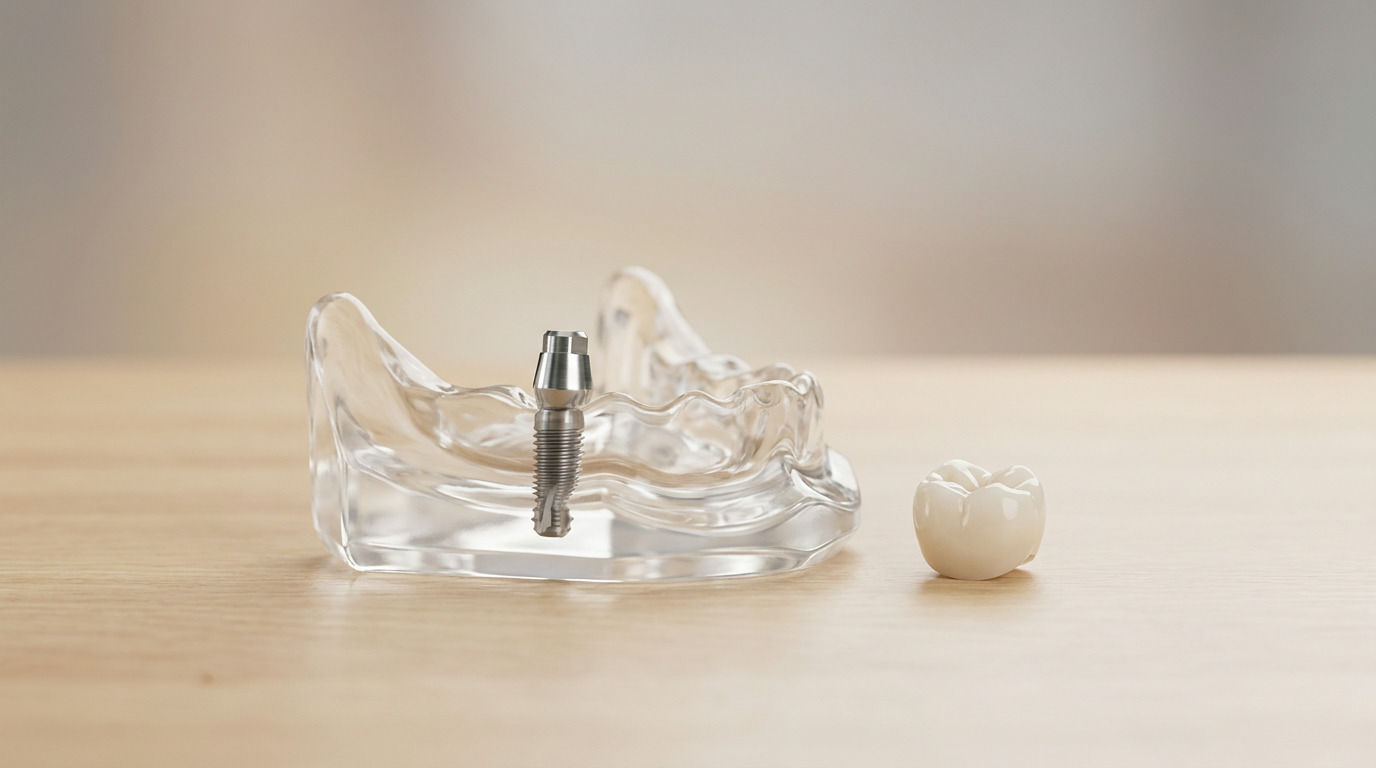A clear jawbone model holds a titanium dental implant post, with a ceramic crown resting beside it on a light wooden surface.