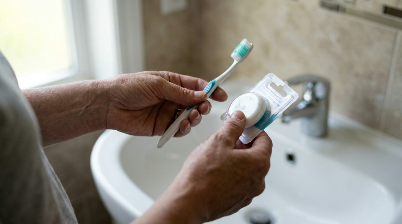 Hands hold a white toothbrush with green bristles and a packaged dental floss container over a white bathroom sink with a faucet and tiled wall in the background.