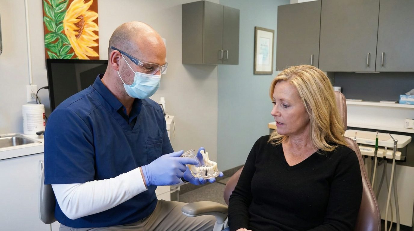 Dr. Cory Fortson, wearing a blue scrub top, mask, and safety glasses, holds a clear jaw model and points to it while talking to Hannah, who is seated in a dental chair.