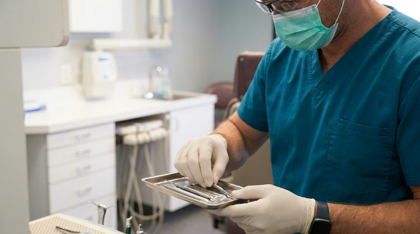 A person in teal scrubs, a face mask, and glasses holds a tray of dental instruments in a bright operatory.