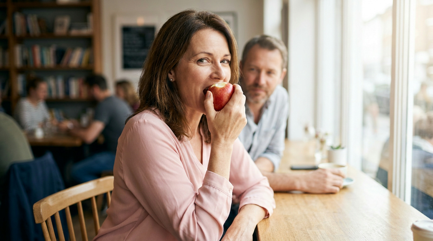 Hannah, in a pink blouse, bites into a red apple at a wooden cafe table, looking at the viewer, with a man blurred behind her and other blurred people in the background.