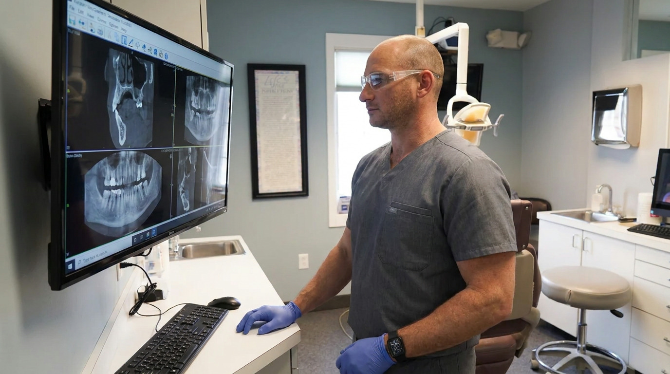 Dr. Cory Fortson, wearing a grey scrub top, clear safety glasses, and blue gloves, stands in a dental operatory, intently looking at a large digital screen displaying multiple dental x-rays.