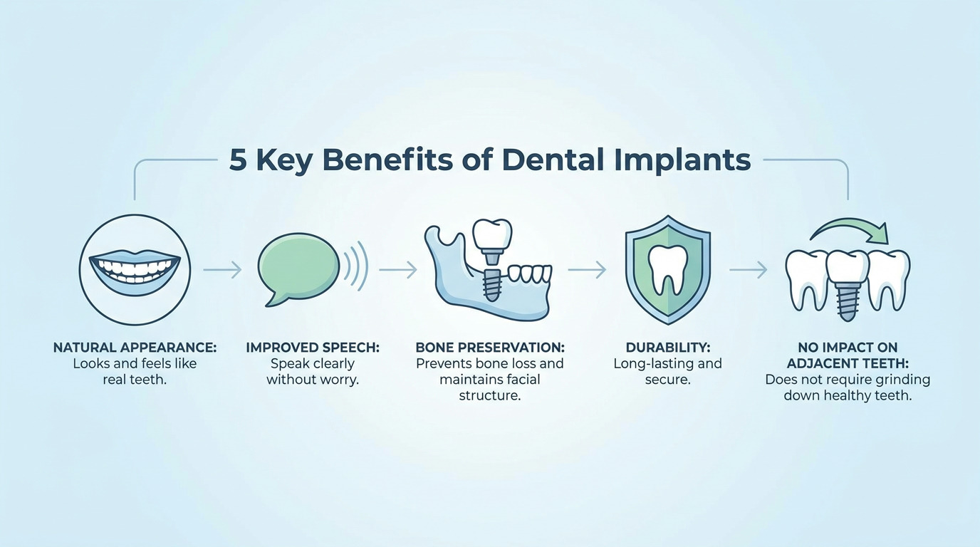 An infographic displays five benefits of dental implants: natural appearance, improved speech, bone preservation, durability, and no impact on adjacent teeth, each with an icon and text description.