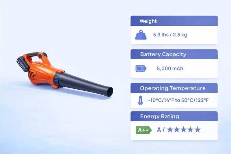 an image of a leaf blower displaying several factual attributes to describe them