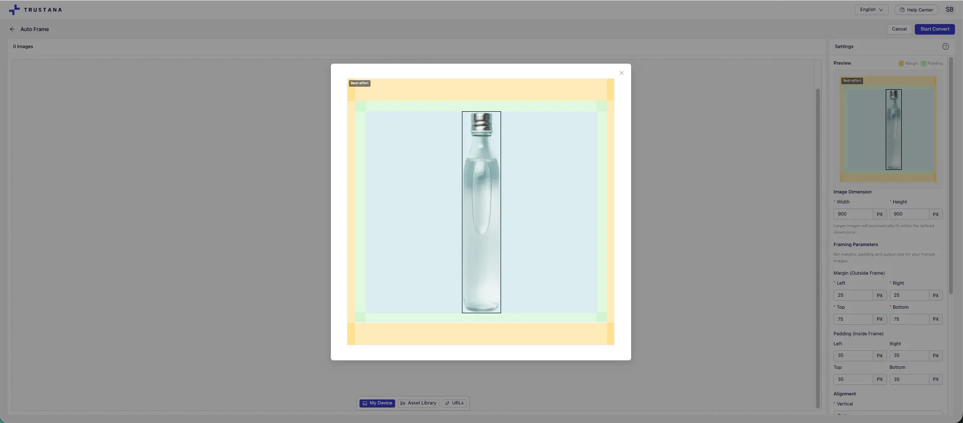 An image for the Auto Frame tool preview - showing custom framing parameters, including margins, padding, and alignment fields