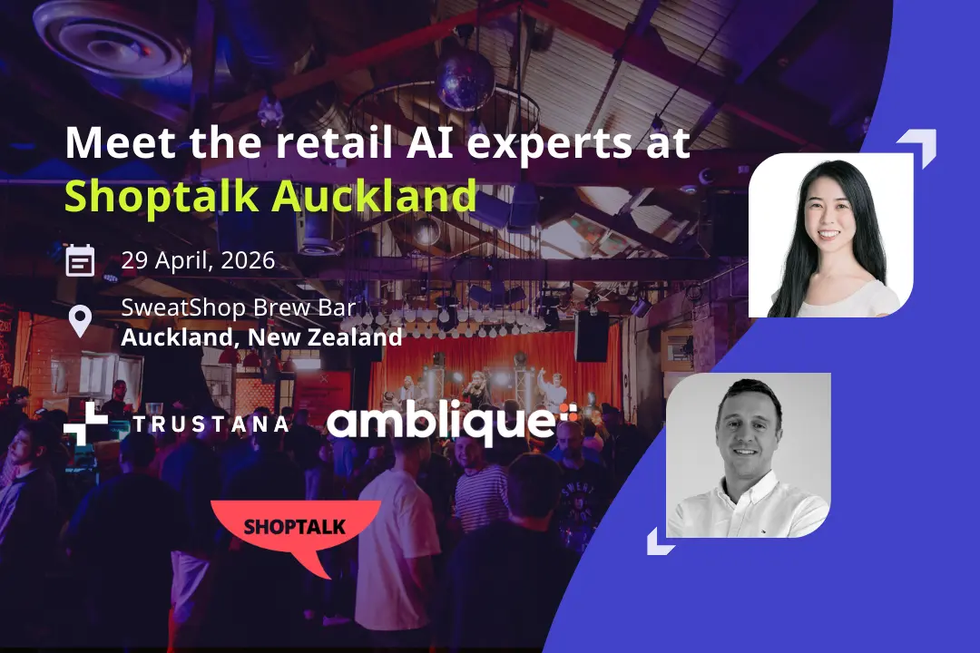 an image containing the shopttalk auckland event details and headshots of the attending trustana staff