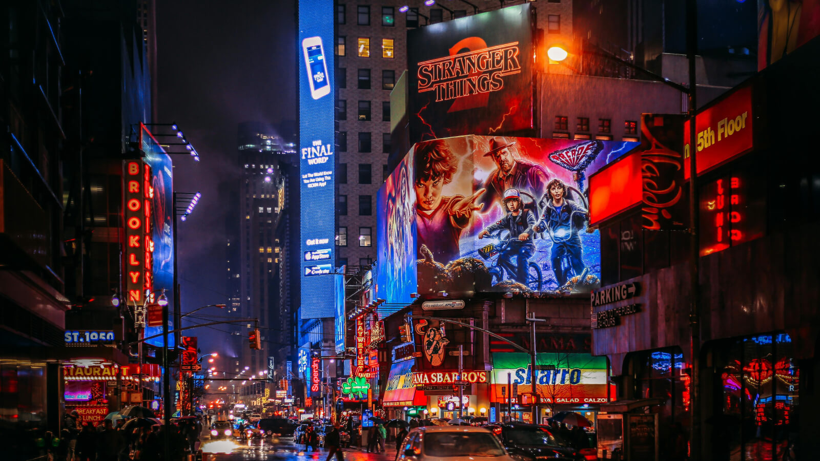 Photo of Broadway showing Stranger Things on Stage sign for tickets this fall