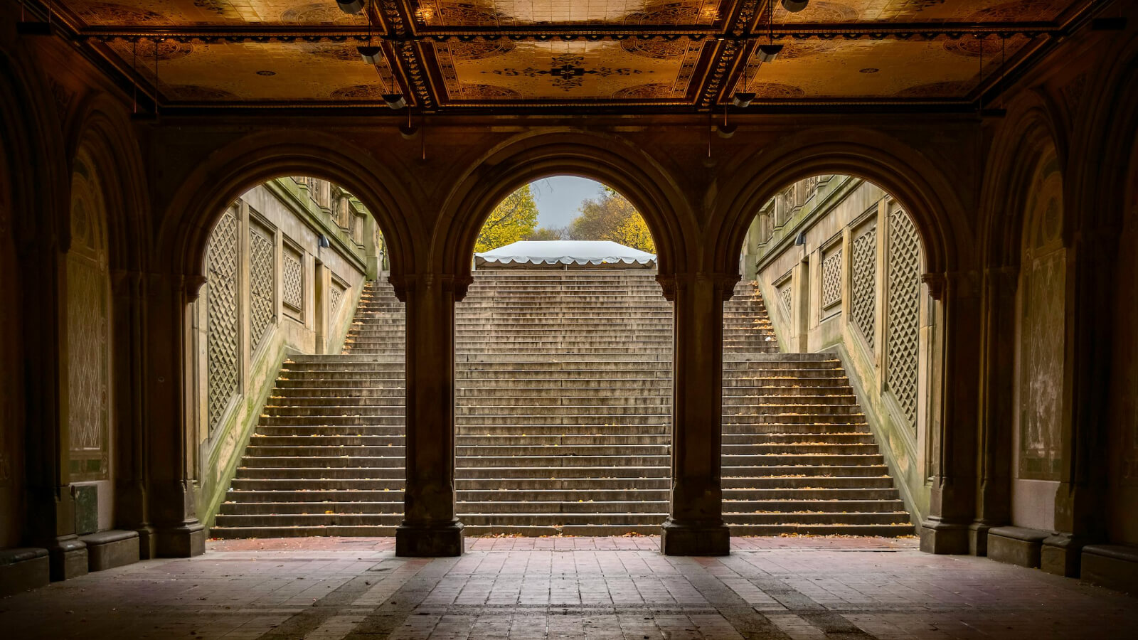 Central Park’s Bethesda Terrace in fall - a photo through the archways