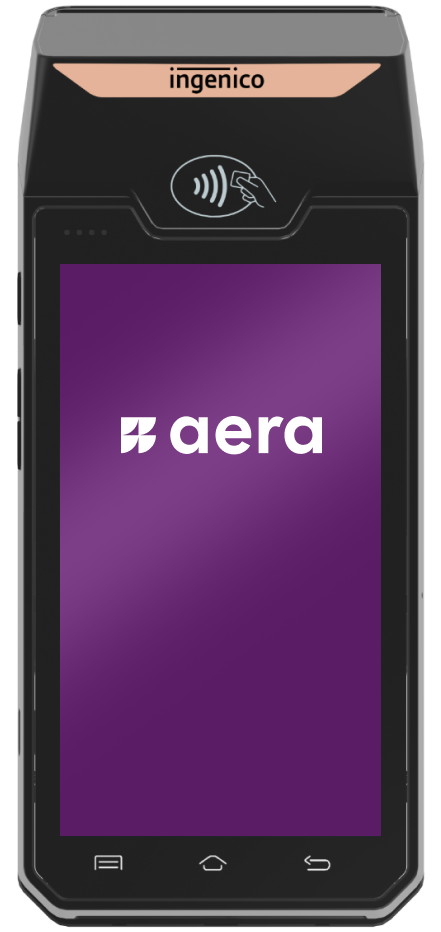 Ingenico payment terminal displaying a purple screen with the white aera logo.