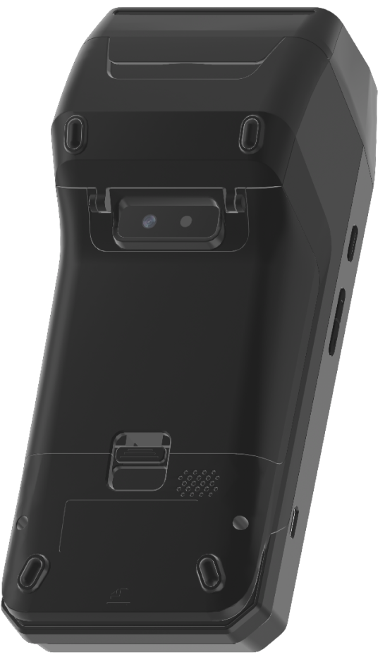 Back view of a black handheld electronic device with camera, buttons, and grip features.