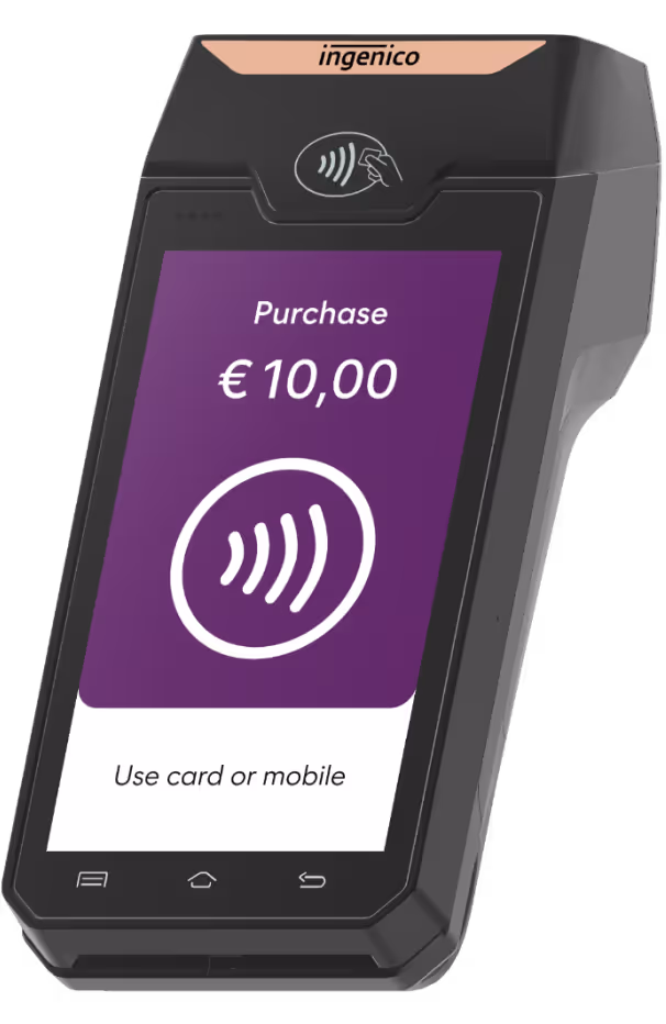 Ingenico payment terminal showing a contactless purchase of €10.00 with instructions to use card or mobile.