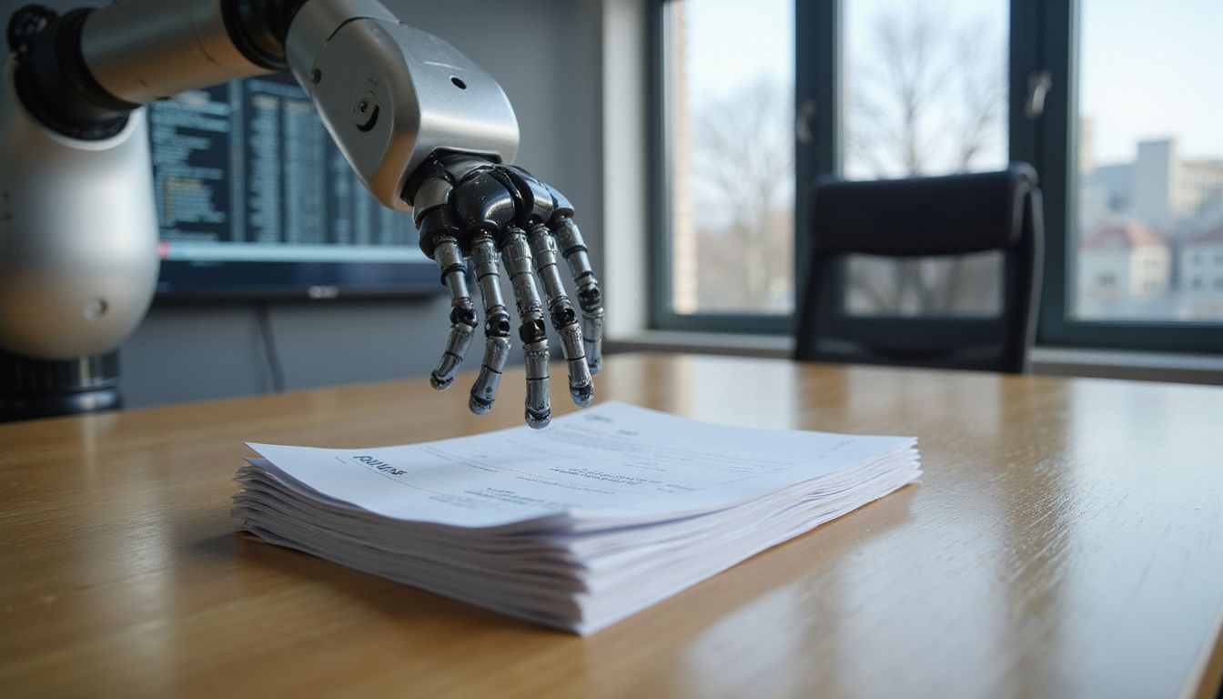 A robotic arm scans invoices on a wooden desk in an office. A robotic arm scans invoices on a wooden desk in an office.
