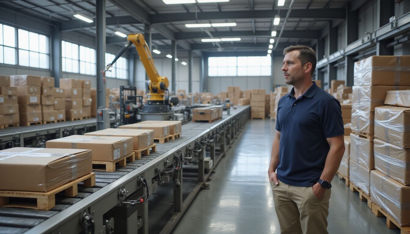 A busy automated warehouse with robotic arms and efficient logistics operations. A busy automated warehouse with robotic arms and efficient logistics operations.