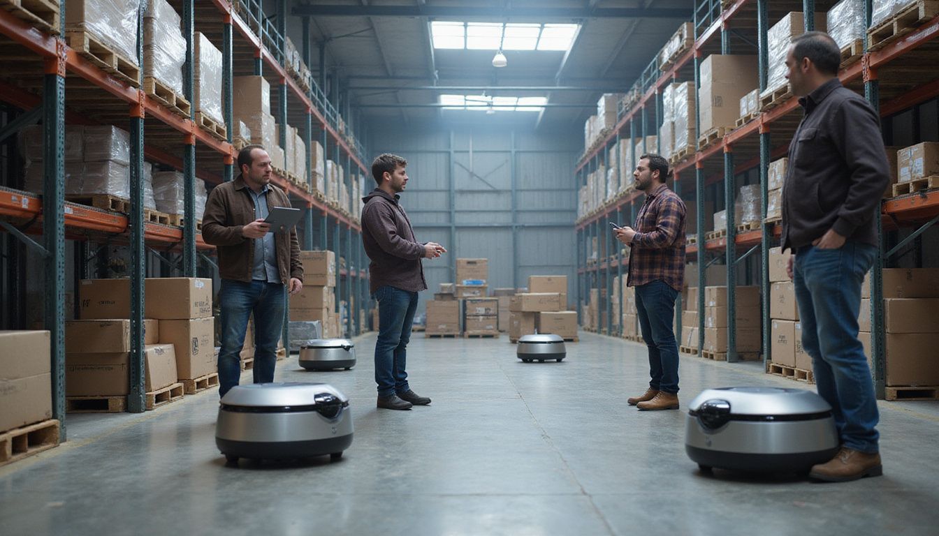 Engineers collaborate with autonomous robots in a modern warehouse setting. Engineers collaborate with autonomous robots in a modern warehouse setting.