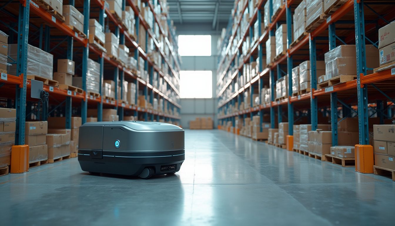 A high-tech warehouse features automated robots and advanced inventory management systems. A high-tech warehouse features automated robots and advanced inventory management systems.