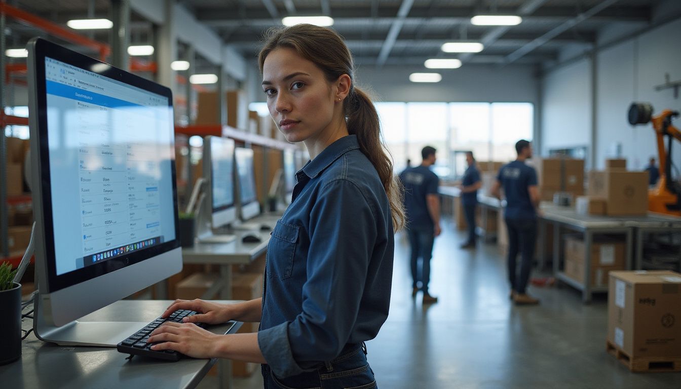 A woman focuses on shipment data in a busy distribution centre. A woman focuses on shipment data in a busy distribution centre.
