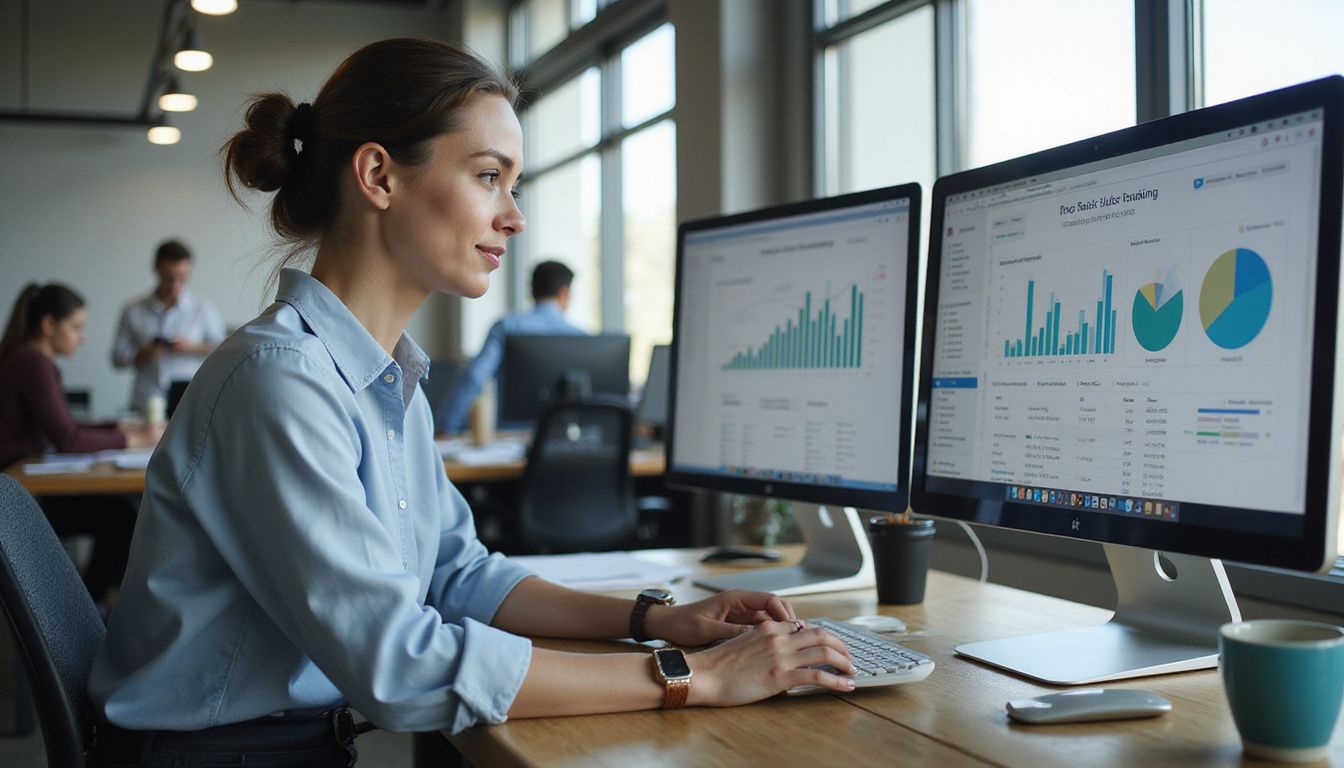 A woman focused on dual computer monitors in a modern office. A woman focused on dual computer monitors in a modern office.