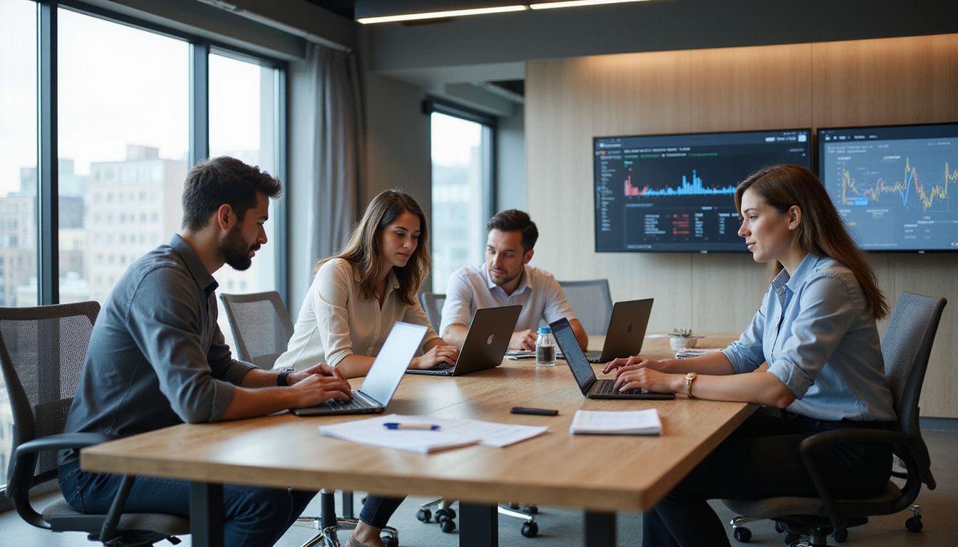 A modern office with professionals focused on laptops and RPA dashboards. A modern office with professionals focused on laptops and RPA dashboards.