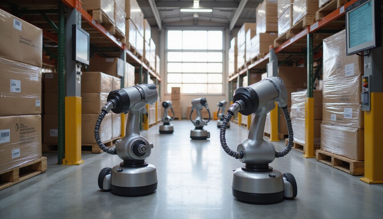 A modern distribution centre showcasing automated robots and efficient supply chain operations. A modern distribution centre showcasing automated robots and efficient supply chain operations.