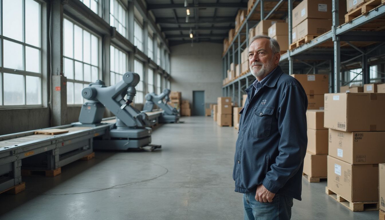 An older man observes automated robots sorting boxes in a warehouse. An older man observes automated robots sorting boxes in a warehouse.