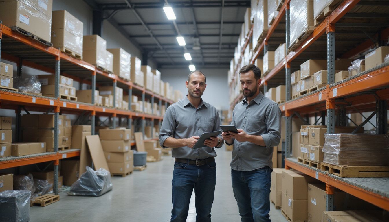 A busy distribution centre with focused workers handling packages and technology. A busy distribution centre with focused workers handling packages and technology.