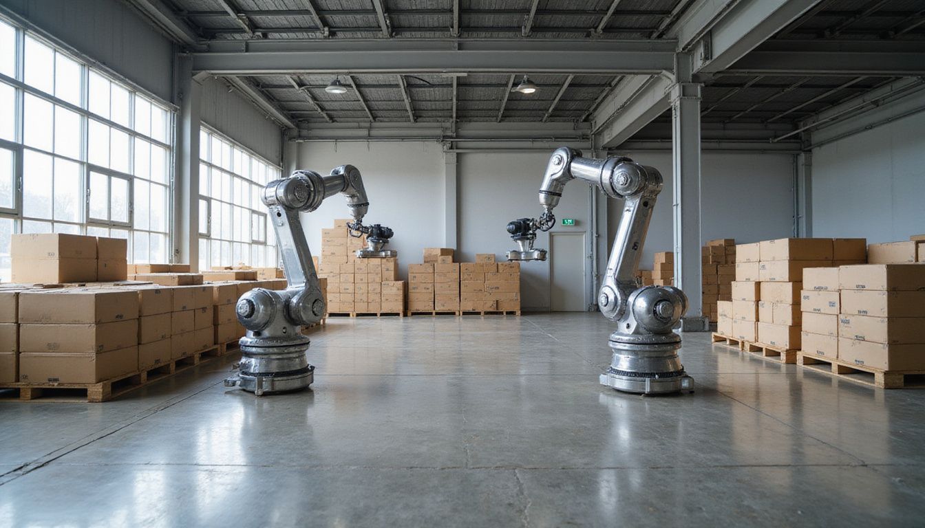 An automated warehouse features robotic arms efficiently stacking barcode-labeled boxes. An automated warehouse features robotic arms efficiently stacking barcode-labeled boxes.