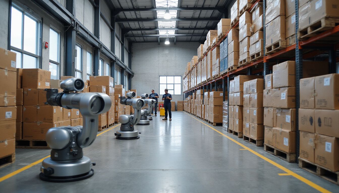 A busy distribution centre featuring automated robots and engaged workers. A busy distribution centre featuring automated robots and engaged workers.