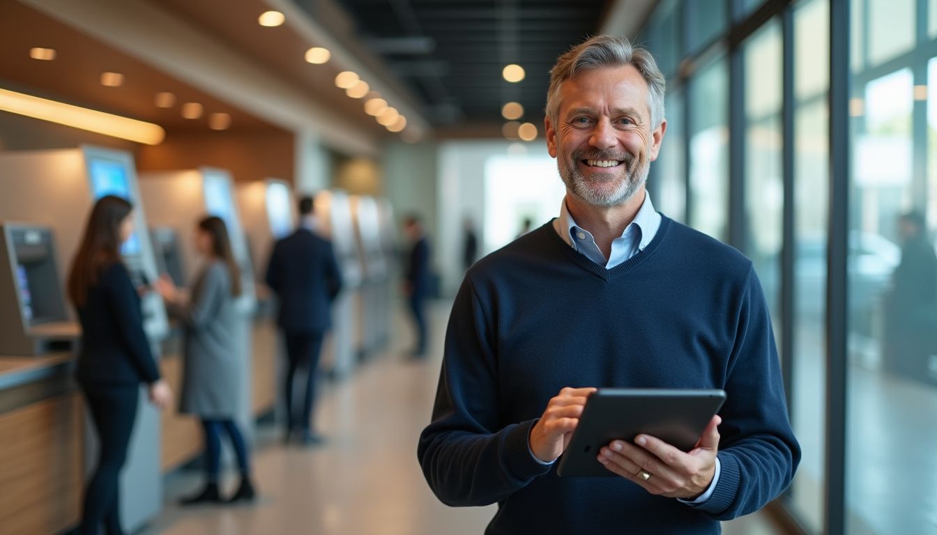 A middle-aged man interacts with a tablet in a busy bank. A middle-aged man interacts with a tablet in a busy bank.