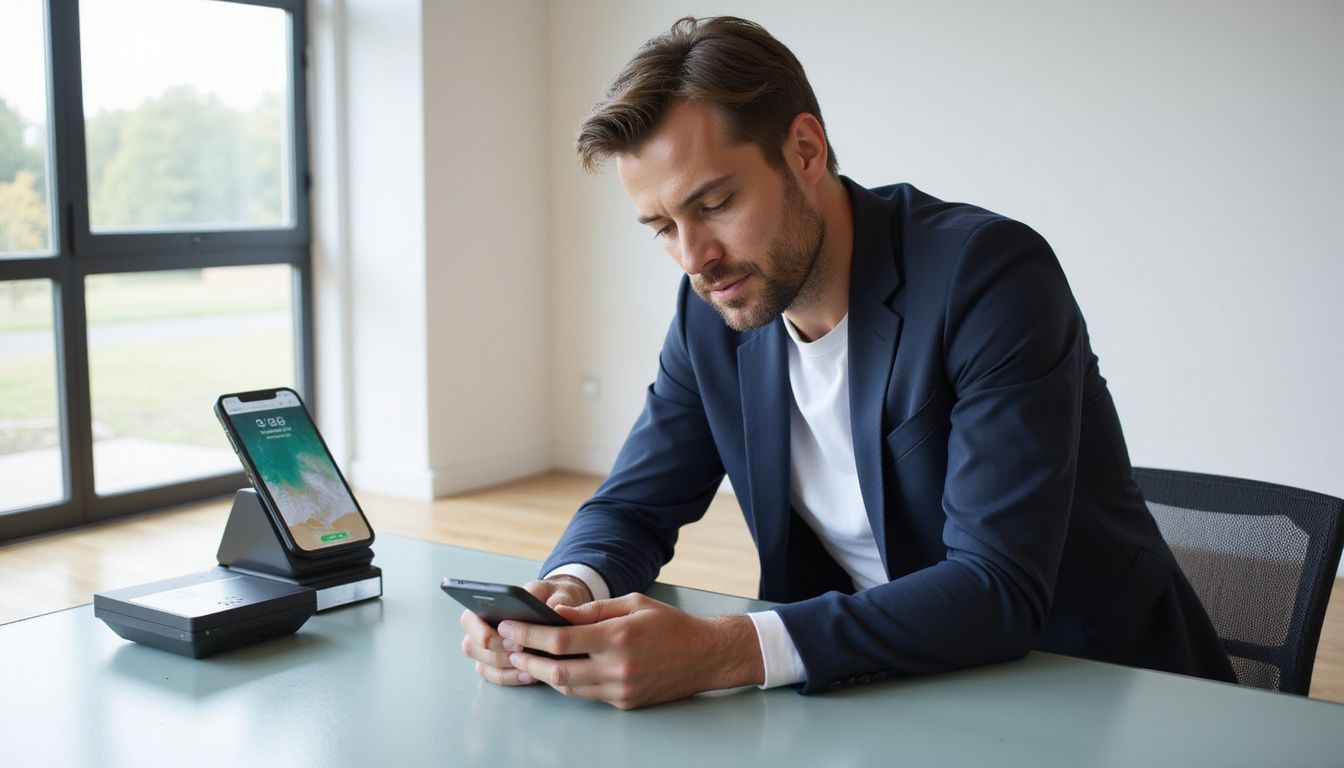 A modern office features advanced fintech devices and a focused professional. A modern office features advanced fintech devices and a focused professional.