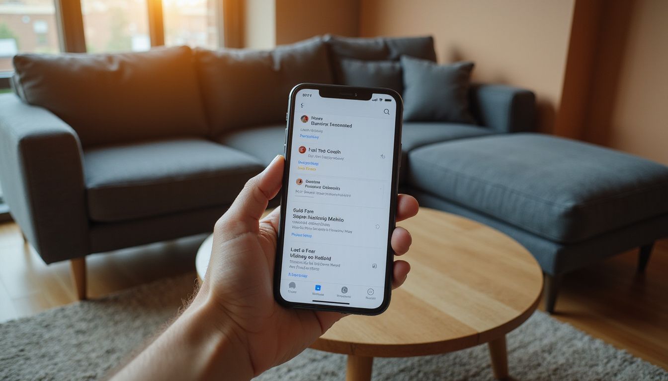 A hand holds a smartphone displaying banking alerts in a modern living room. A hand holds a smartphone displaying banking alerts in a modern living room.
