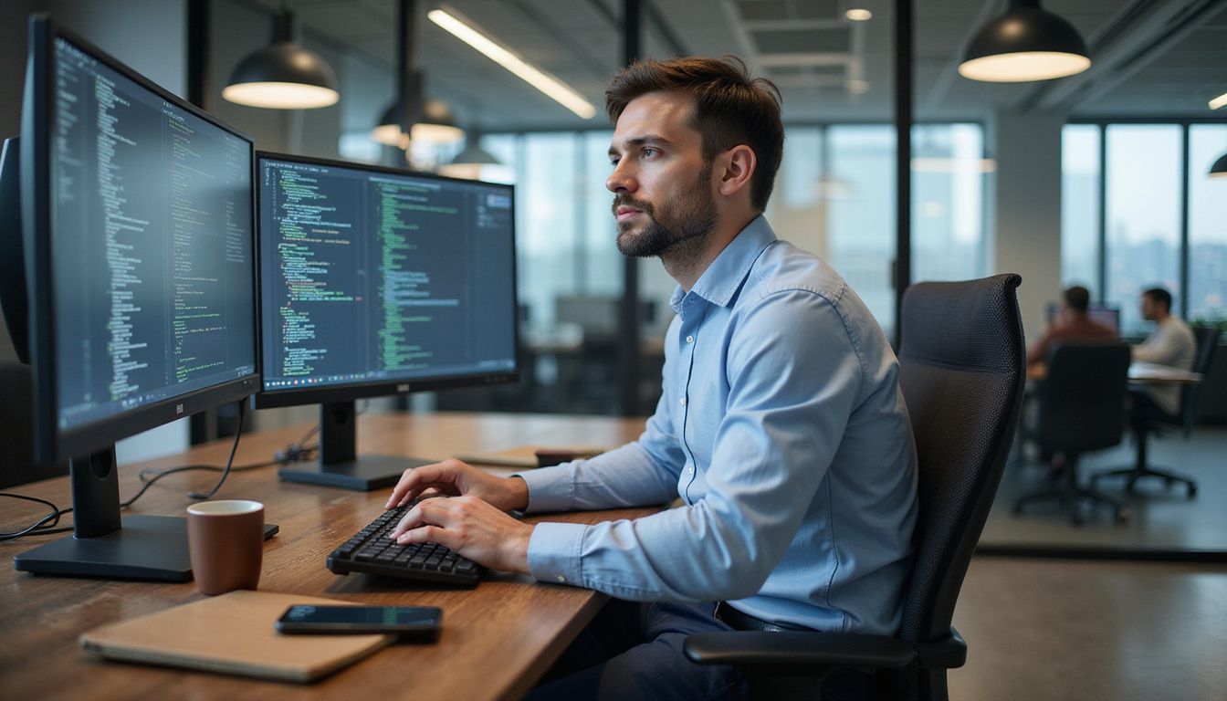 An AI engineer focuses on data analysis at a modern bank office. An AI engineer focuses on data analysis at a modern bank office.