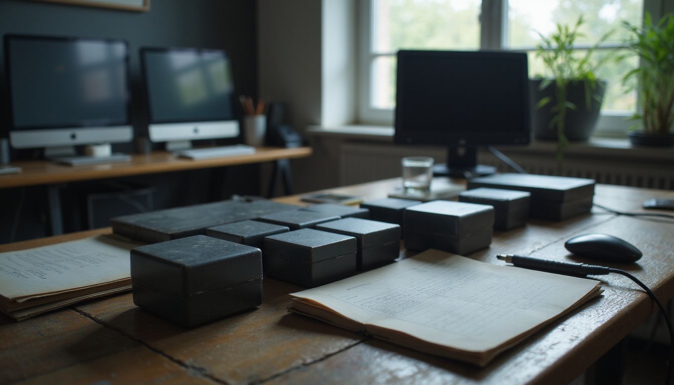 A tech workspace featuring interconnected digital blocks and multiple monitors. A tech workspace featuring interconnected digital blocks and multiple monitors.