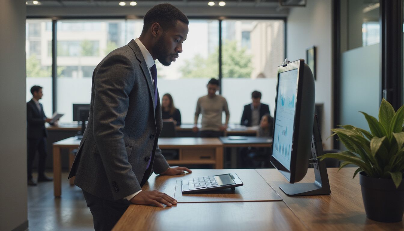 A modern banking office blends technology with personalised client interactions. A modern banking office blends technology with personalised client interactions.