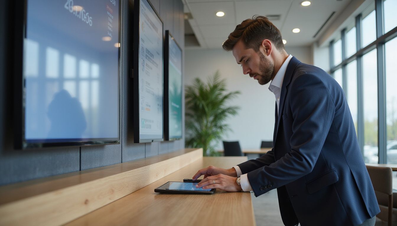 A professional individual interacts with advanced technology in a modern bank. A professional individual interacts with advanced technology in a modern bank.