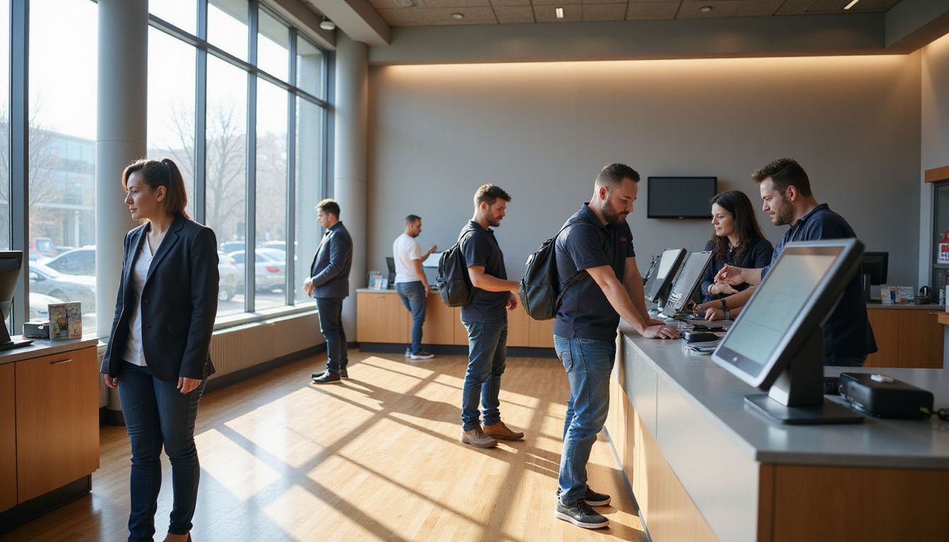 A busy bank interior with customers engaging at digital kiosks. A busy bank interior with customers engaging at digital kiosks.
