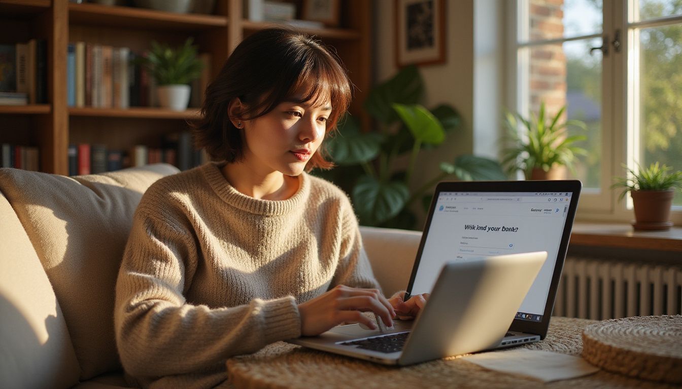 A person sits focused with a laptop in a cosy living room. A person sits focused with a laptop in a cosy living room.