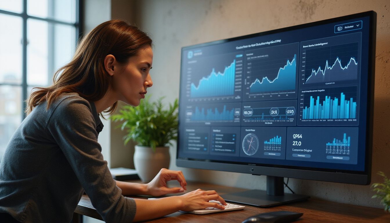 A woman engages with a digital dashboard in a modern bank office. A woman engages with a digital dashboard in a modern bank office.