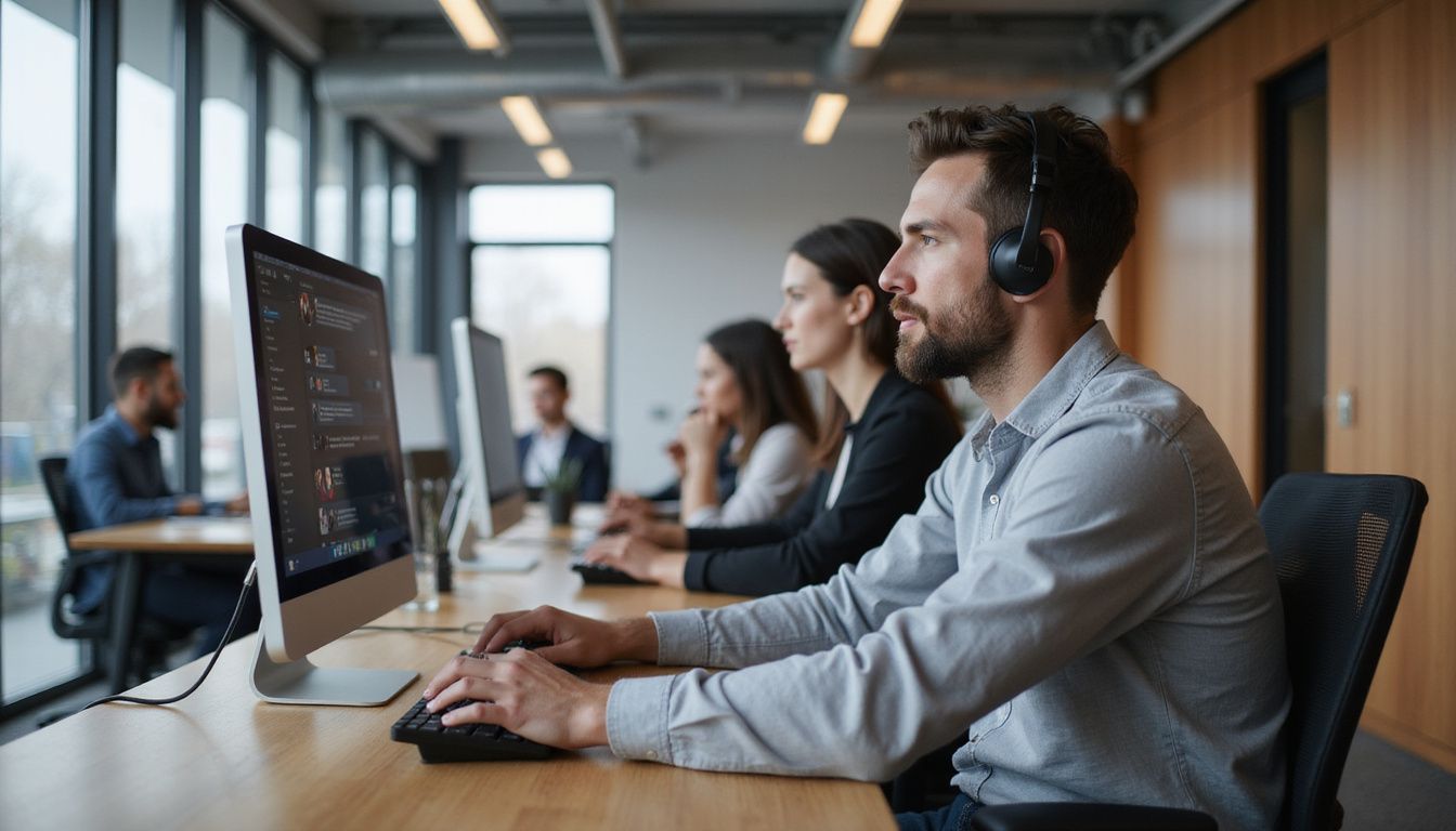 A customer service team member focused on AI chatbot interfaces at work. A customer service team member focused on AI chatbot interfaces at work.