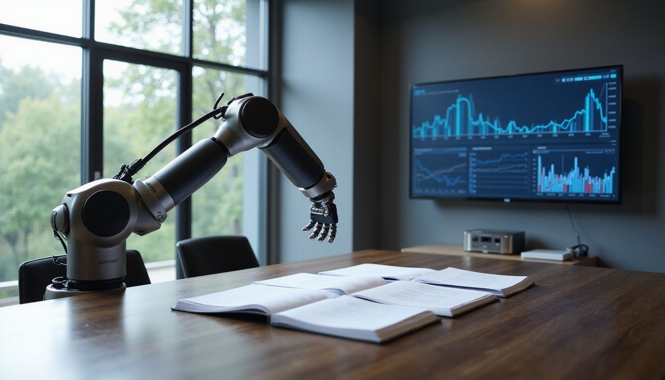 A modern banking office featuring a robotic arm and advanced technology. A modern banking office featuring a robotic arm and advanced technology.